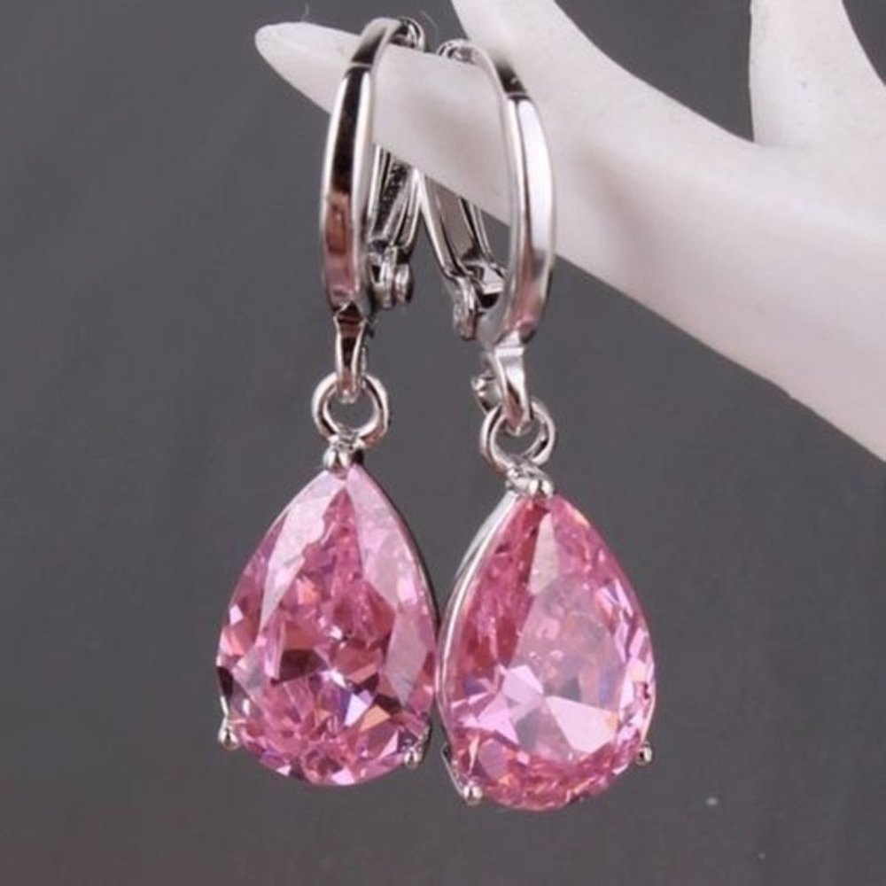 925 Sterling Silver Crystal Hoop Earring - Pink